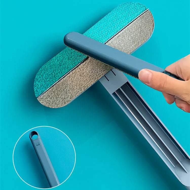 Multifunctional hair removal and window screen cleaning brush with blue flannel head and white plastic handle.