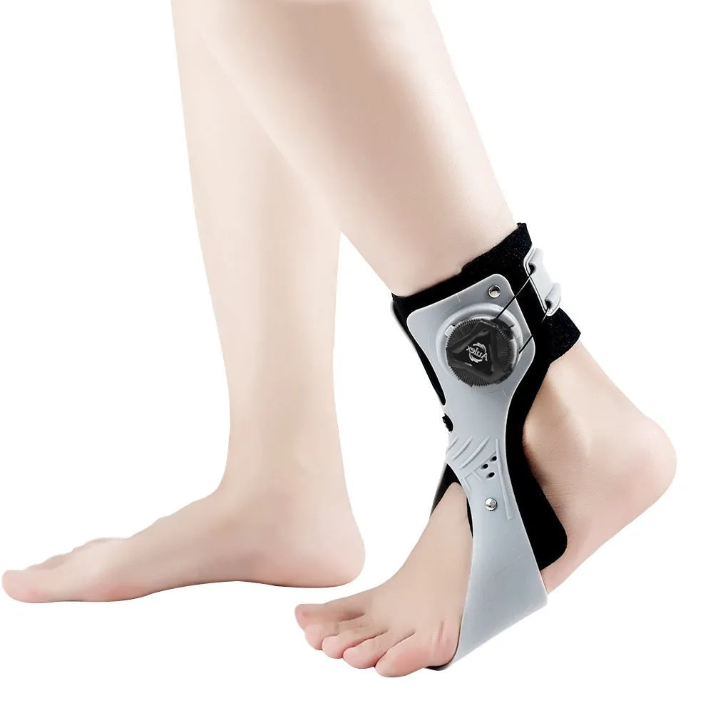 Adjustable airbag button ankle support brace shown in grey, with left and right foot sizing indicators.