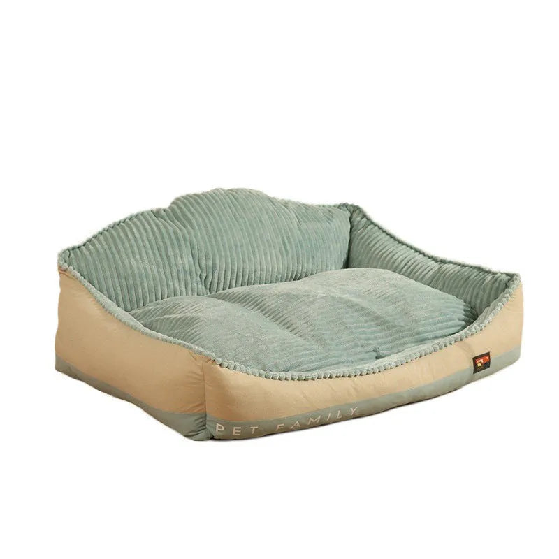 Morandi colour removable washable dog bed mat on a sofa, shown in M and L sizes.