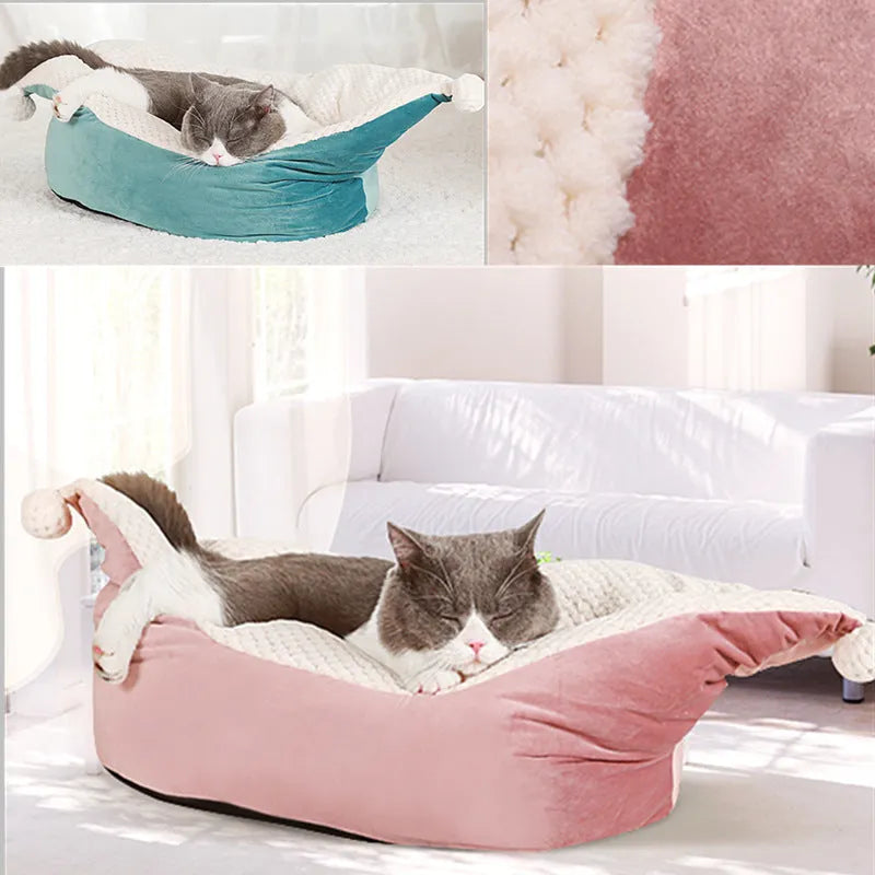 Boat nest cloth cat bed for small and medium pets in peacock blue, gray, or gray pink