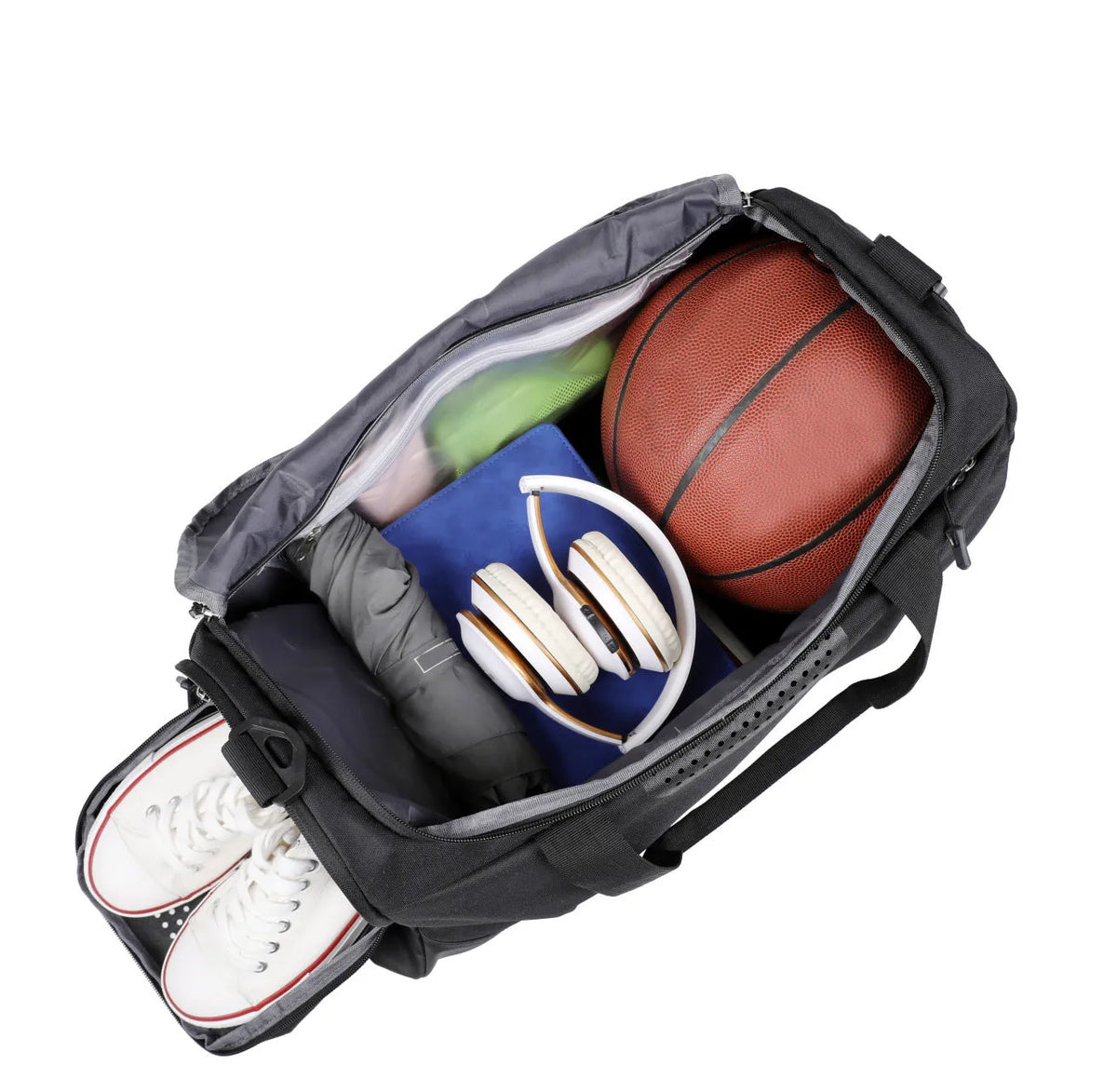 Large capacity dry wet separation sports gym bag in black, waterproof Oxford cloth with retro stitching