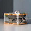 White transparent PVC and cardboard cat scratch board with integrated tunnel and nest.