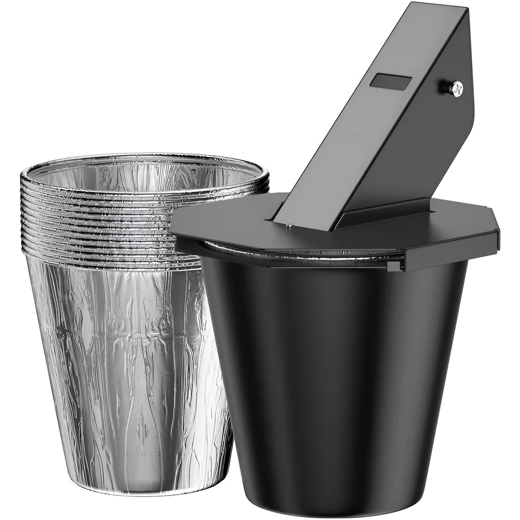 Black grease catcher with cover showing square top and tin foil bucket liners for barbecue drip collection