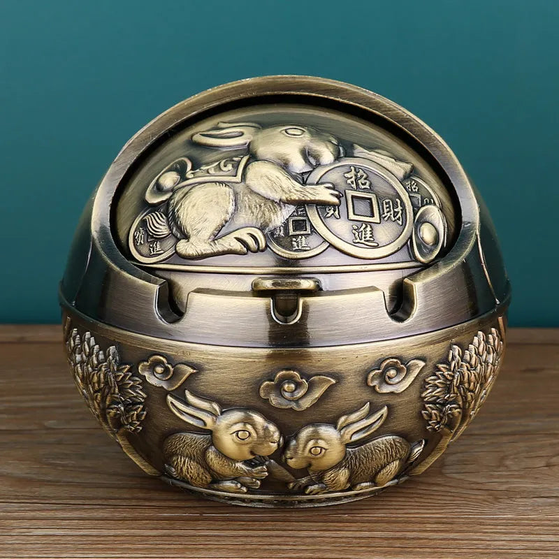 Creative alloy ashtray with smoke extinguishing slot in bronze finish, Money Tree design.