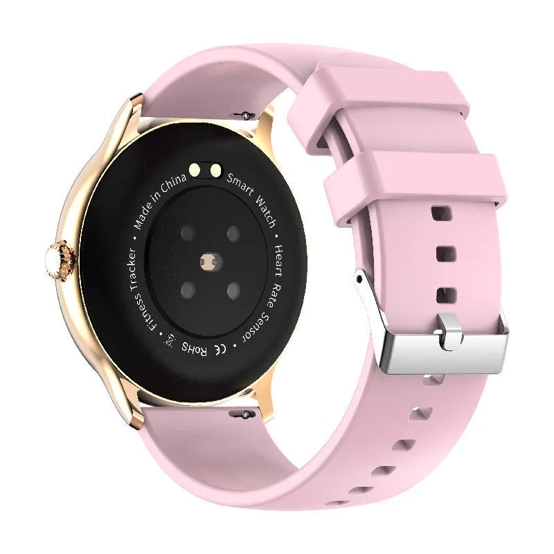 Black smart sports watch with round touch screen displaying health stats on a silicone strap.