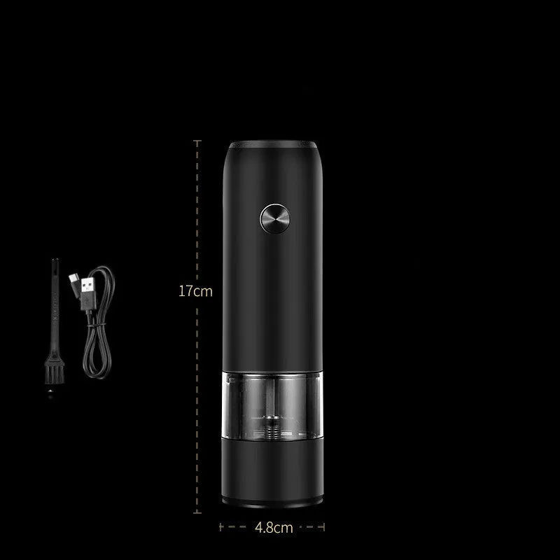 Clear acrylic electric pepper and salt grinder set with USB cable, shown with ceramic grinding core.