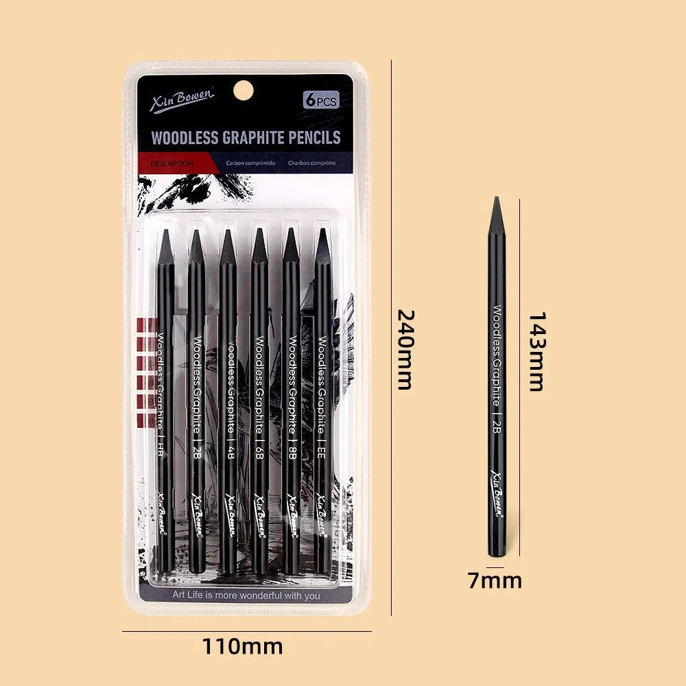Set of six wood-free graphite sketching pencils with grades HB, 2B, 4B, 6B, 8B, and EE.
