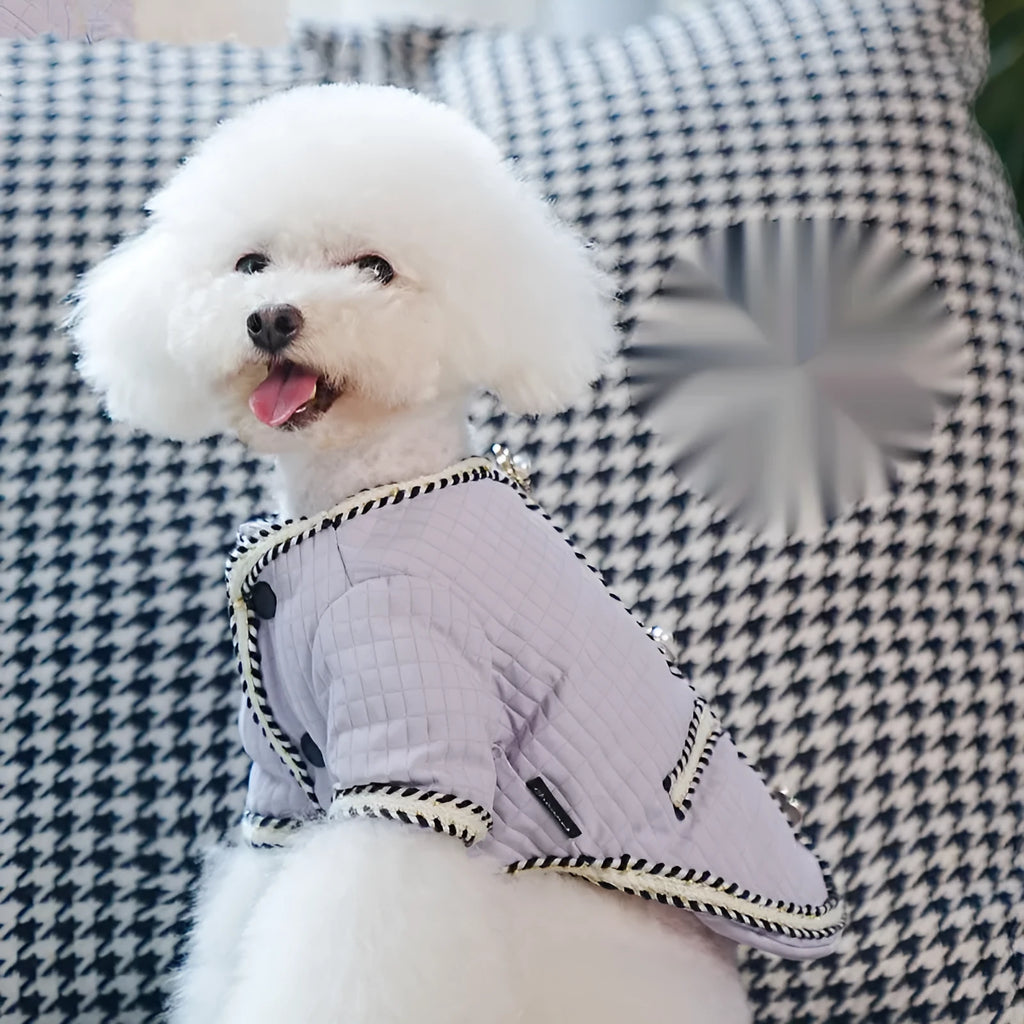 Quilted polyester pet coat with cartoon pattern in black, white or light purple colours for autumn and winter