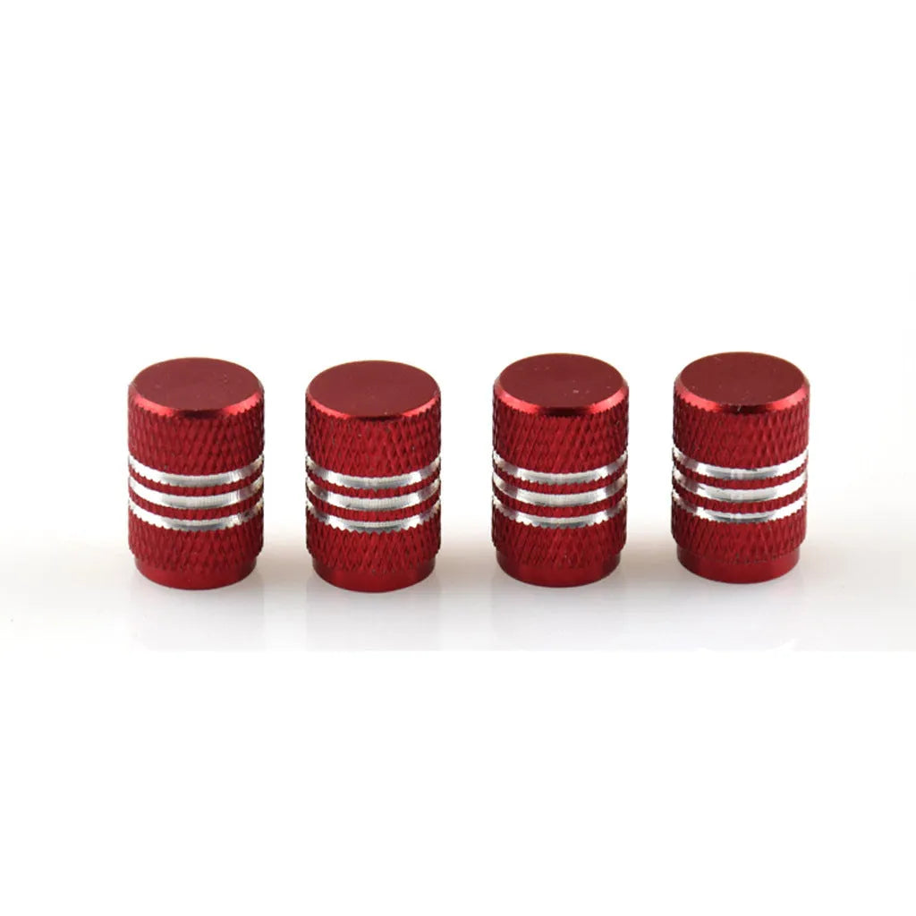 Set of aluminium alloy colour car tyre valve caps in various colours including red, blue, silver, and gold