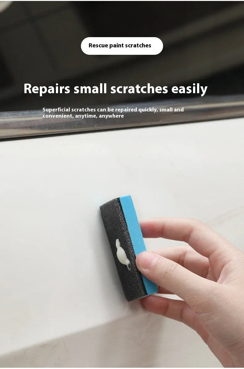 Car repair wax kit showing bottles of scratch removal wax A, polishing wax B, and a frosted sponge mop.