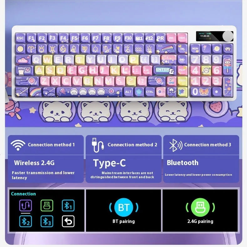 Black mechanical keyboard with RGB backlighting and sublimation keycaps next to laptop