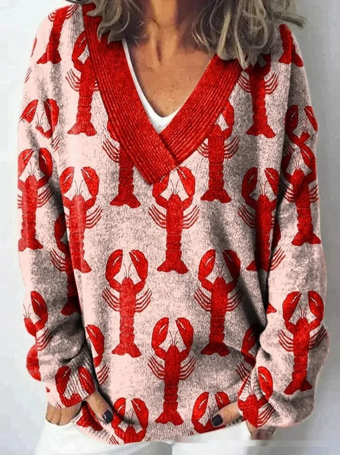 Women's retro V-neck sweatshirt with a detailed 3D floral pattern print in a choice of colours.