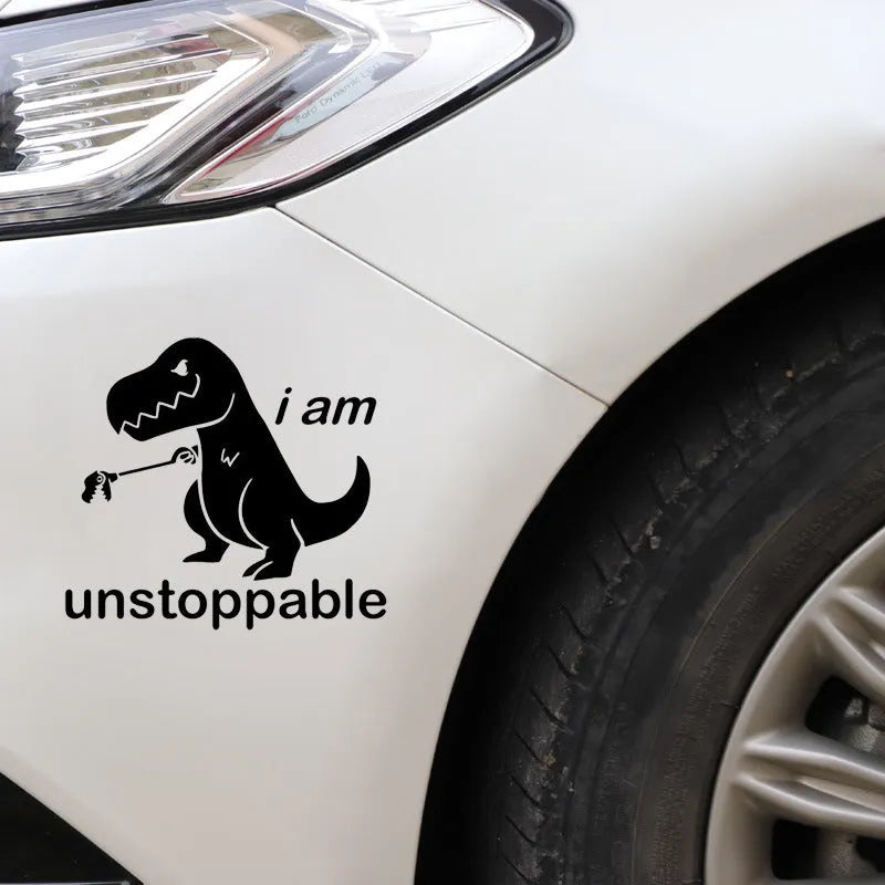 Cute cartoon dinosaur carving style car sticker in black on a white vehicle body with strong adhesion PET material 15x13.7cm