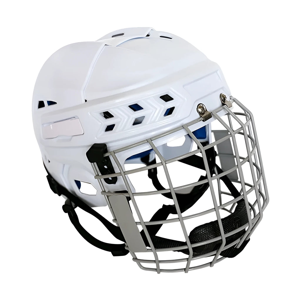 Ice hockey helmet with carbon steel face mask showing impact resistant PP shell and cushioned EVA lining.