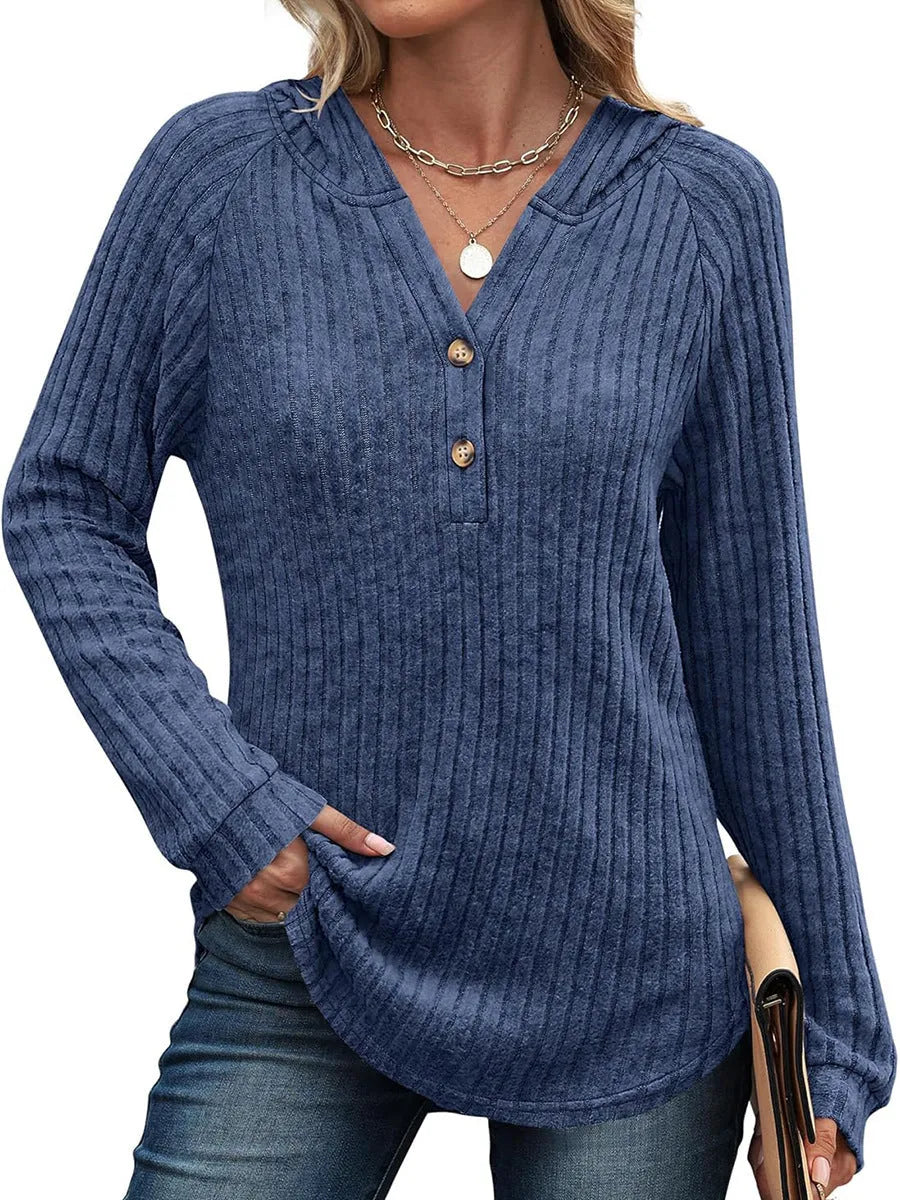 Women's solid colour V-neck button loose hooded fleece knitted top in casual Japanese Korean style