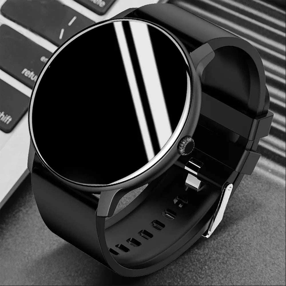 Black smart sports watch with round touch screen displaying health stats on a silicone strap.