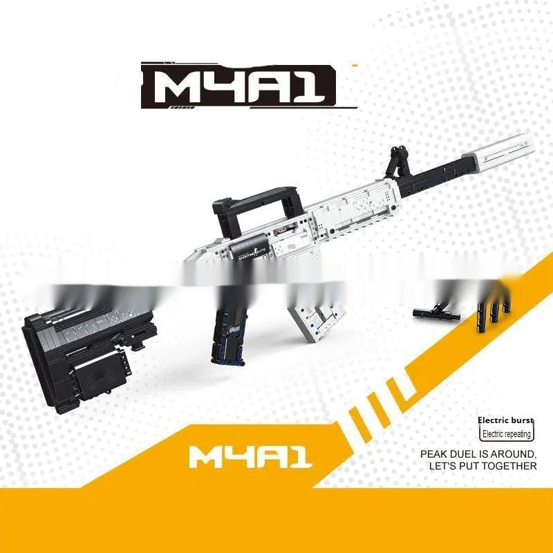 Colour box of plastic building blocks for a removable M4A1-style toy gun with battery power supply