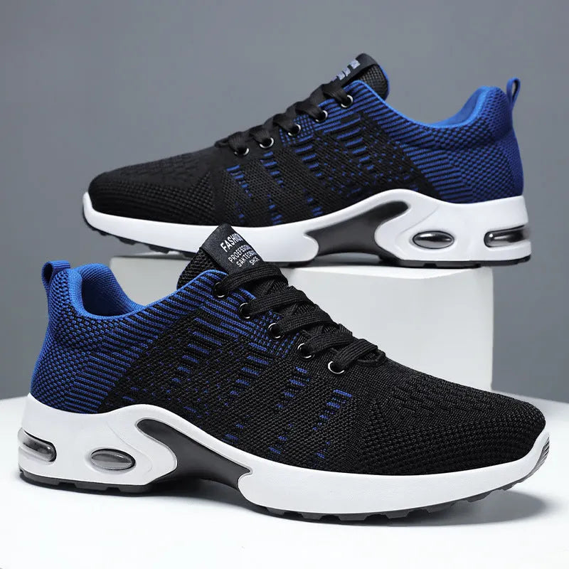 Men's low-top casual sneakers in black and blue with Flyknit mesh upper and lace-up front.