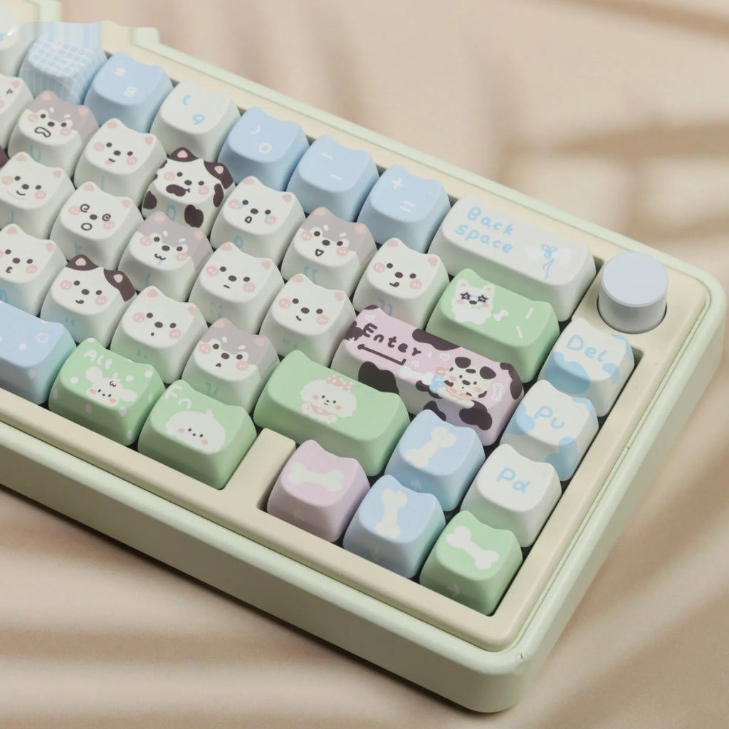 Full set of PBT key caps with colourful cat and puppy designs for mechanical keyboards