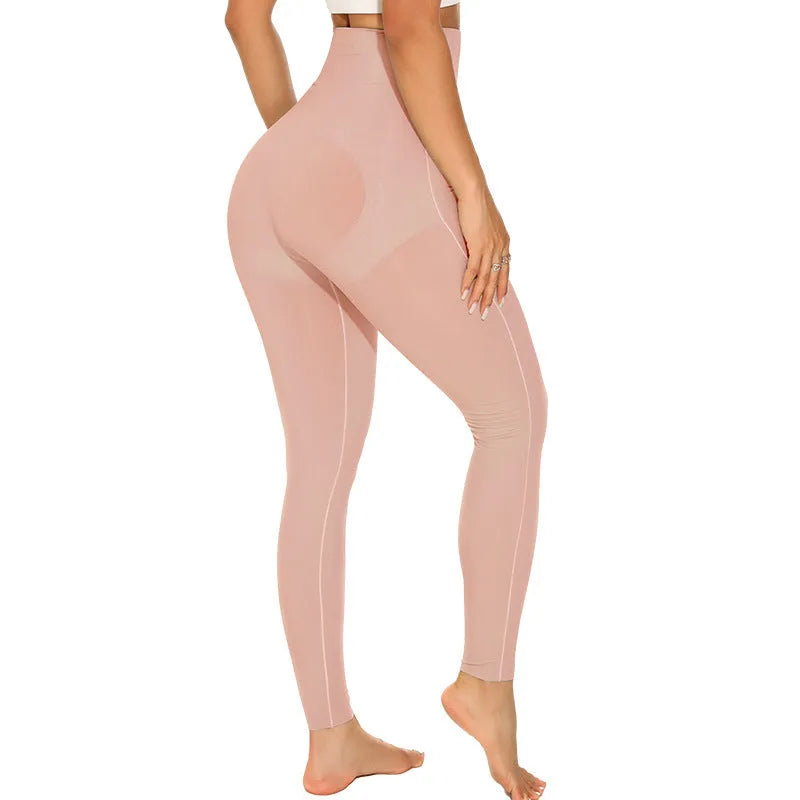 Women's high-waist seamless yoga trousers in nylon, shown in black, mint, lavender, and peach.