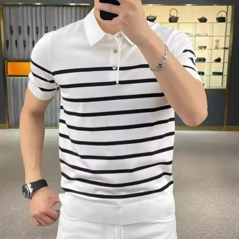 Striped V-neck knitted T-shirt in black or white with chemical fibre blend fabric
