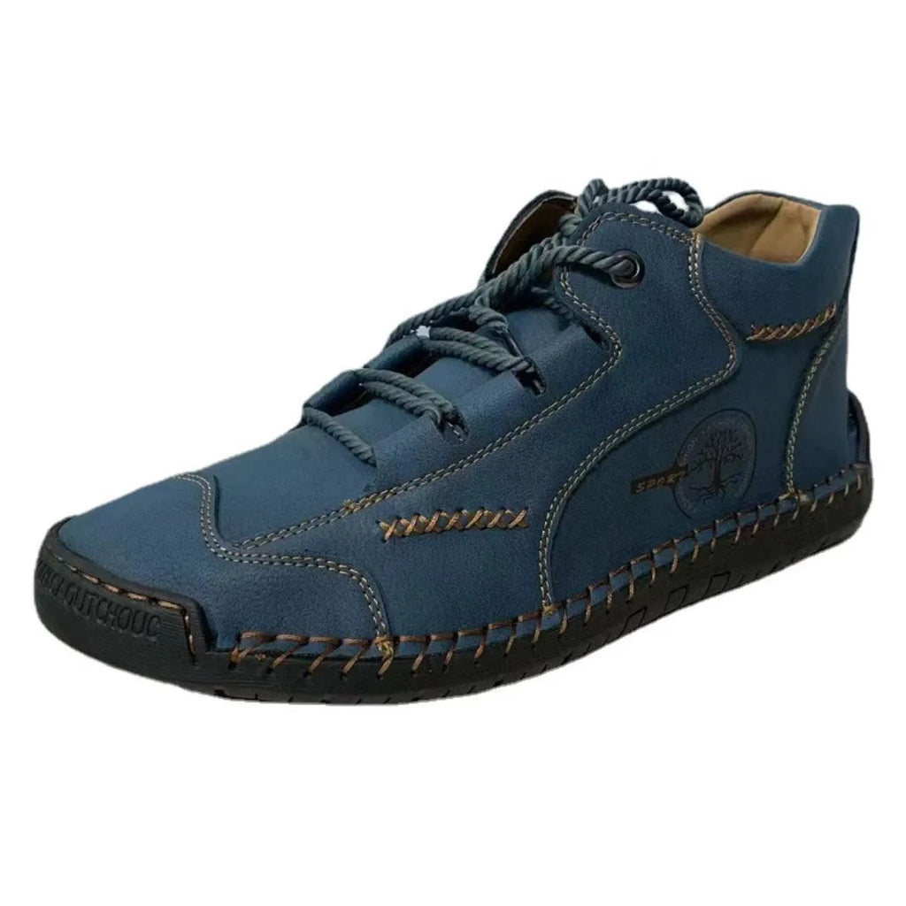 Men's brown leather high-top boots with round toe and flat rubber soles