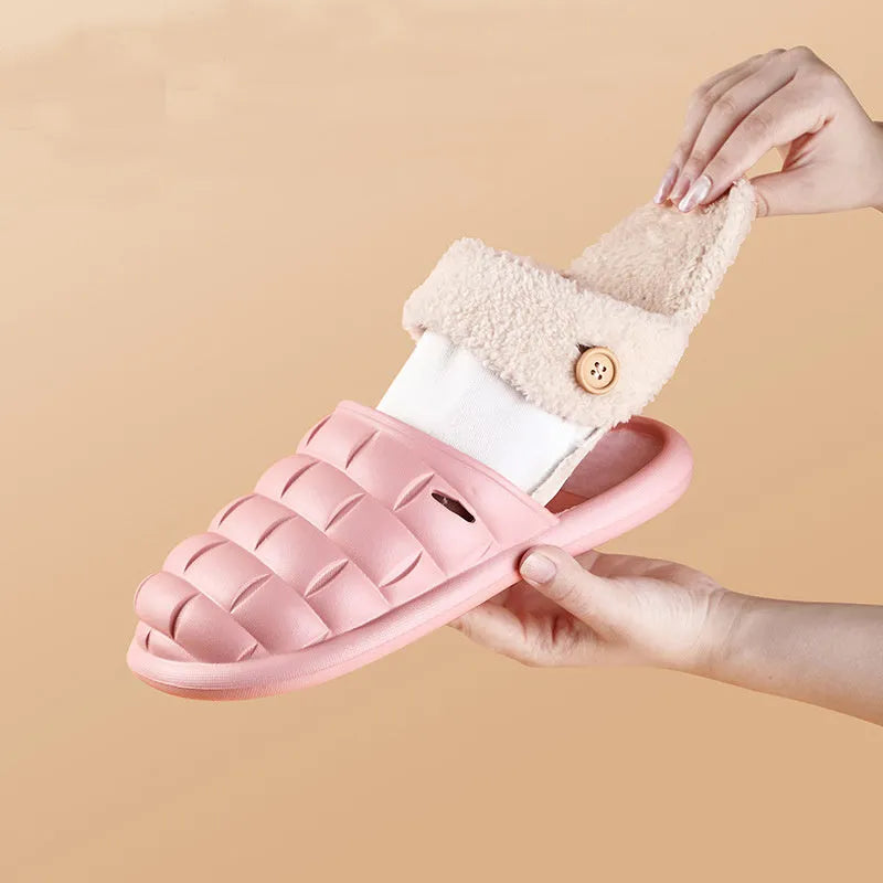 A pair of pink detachable EVA slippers with plush lining and a textured sole.