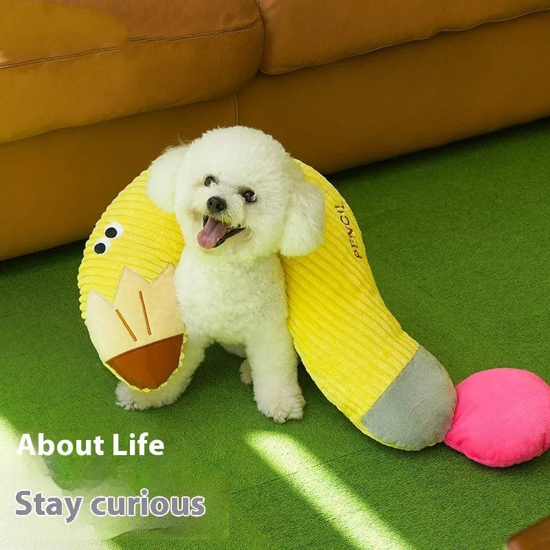 Fleece cloth pet pillow in pencil shape, 66cm long, on a neutral background