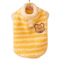 Blue striped lambskin fleece dog coat with drawstring and leash ring on a small dog against a neutral background