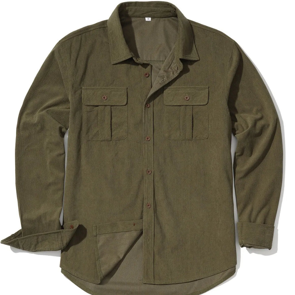 Men's retro corduroy shirt with velvet finish in Army Green colour showing loose fit and long sleeves