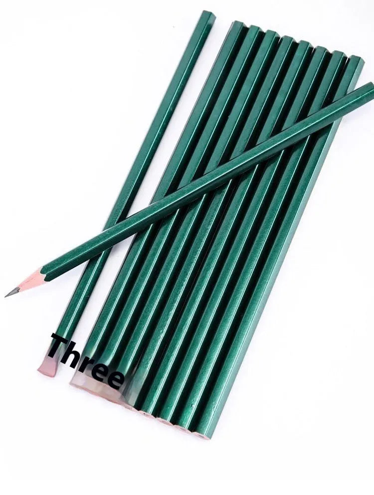 Green box of ten wooden pencils with six-angle shape, showing HB and 2B graphite grades.