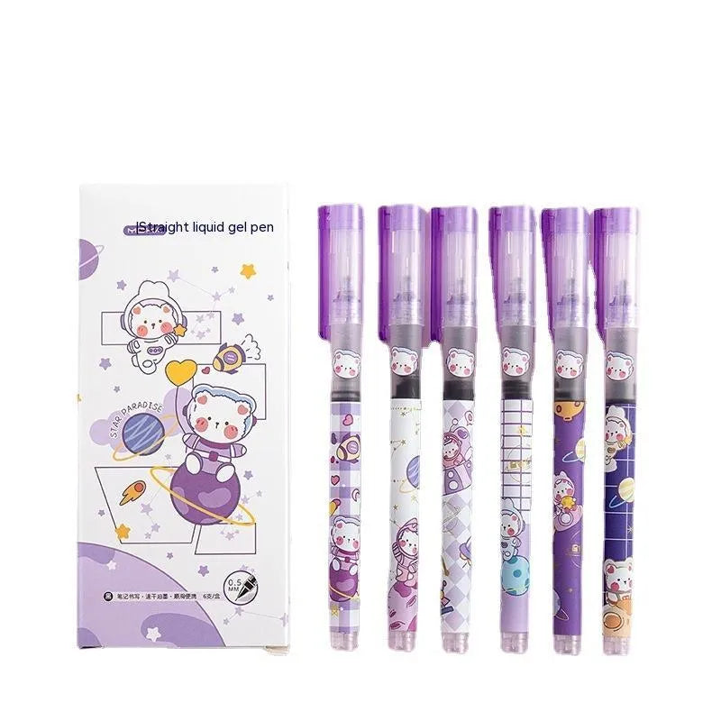 Box of six cute cartoon gel pens from Marvel series with plastic shells and assorted ink colours