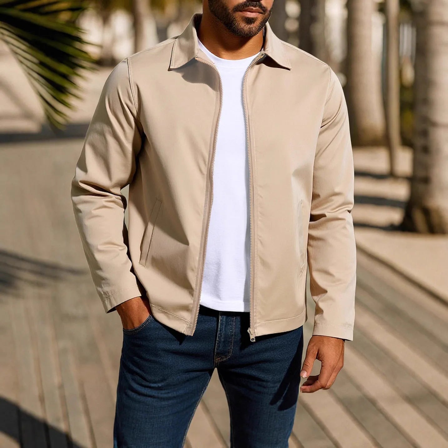 Men's zip-front cardigan jacket in a polyester blend with raglan sleeves, shown in emerald green.