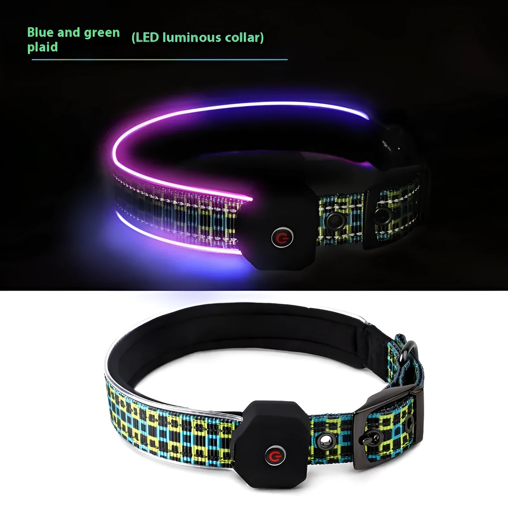 Blue and green plaid LED luminous dog collar with USB charging and reflective strip