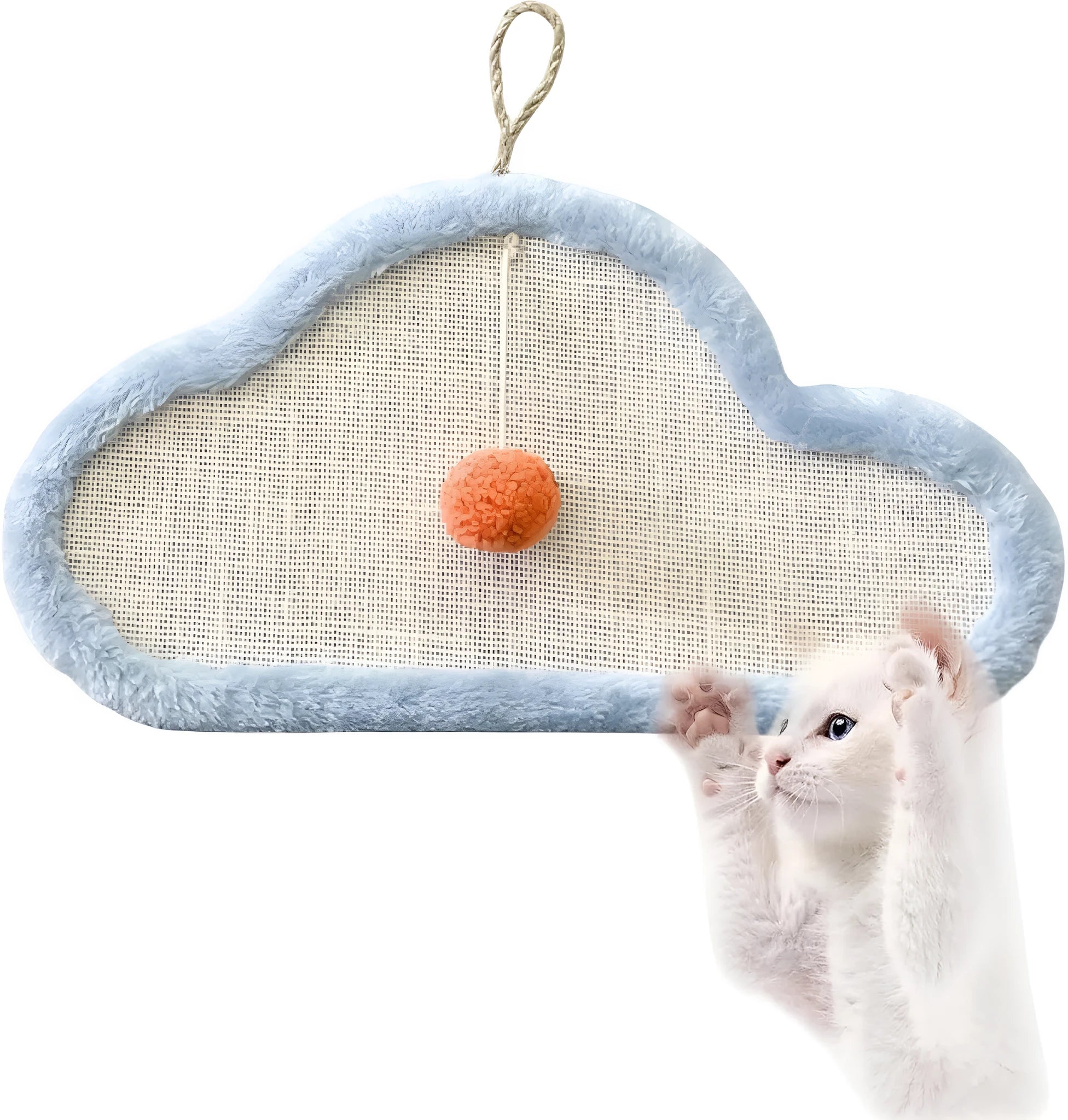 White cat scratching mat with sleeping cat pattern hanging on wall