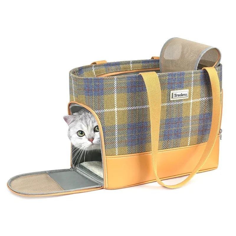 Beige brown pet backpack carrier with breathable design and backpack straps.