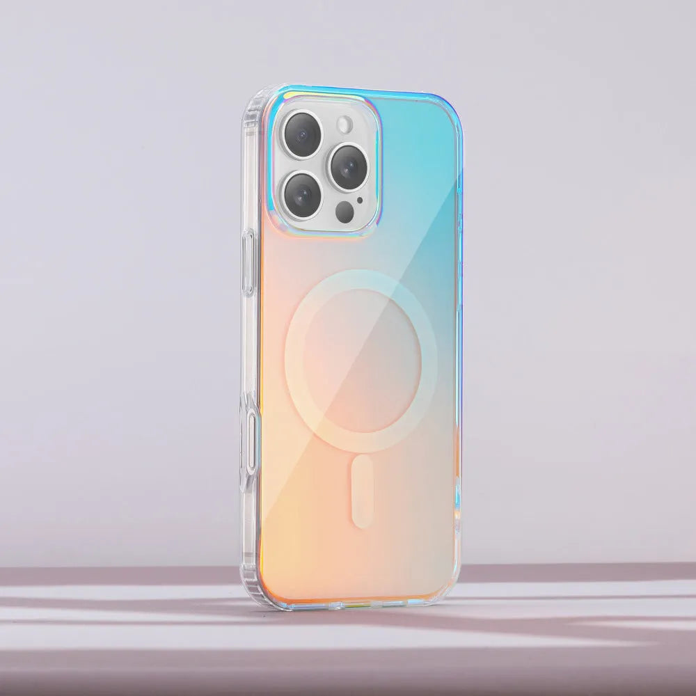 Glossy colour-changing iPhone protective case shown on an iPhone, highlighting chameleon finish and magnetic compatibility