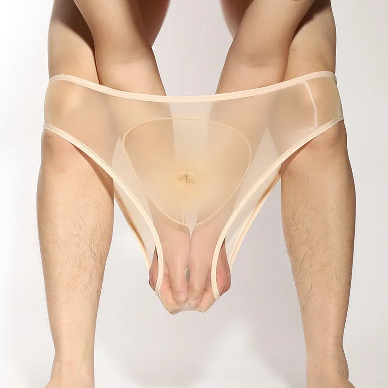 Ultra-thin shiny transparent nylon men's briefs with bullet separation design on a white background.