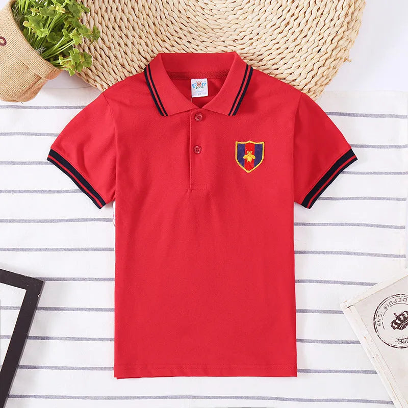 Boys short sleeve cotton t-shirt in Korean style with lapel collar, available in four solid colours