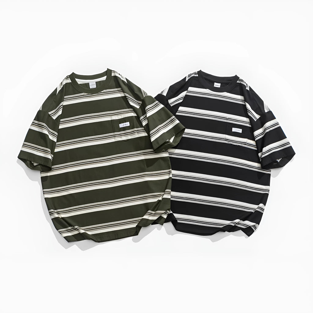 Casual loose striped round neck cotton short sleeve T-shirt in black front view