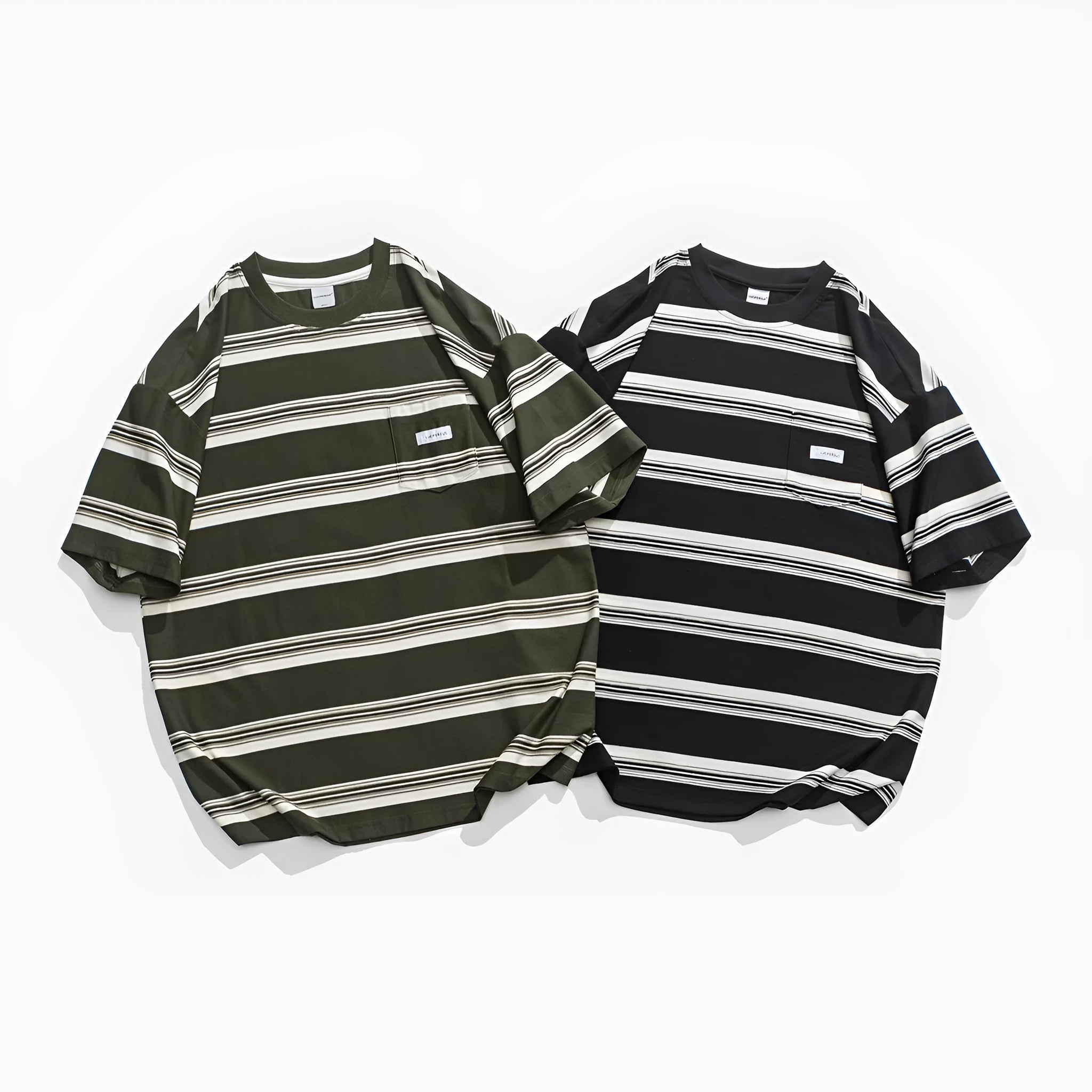 Casual loose striped round neck cotton short sleeve T-shirt in black front view