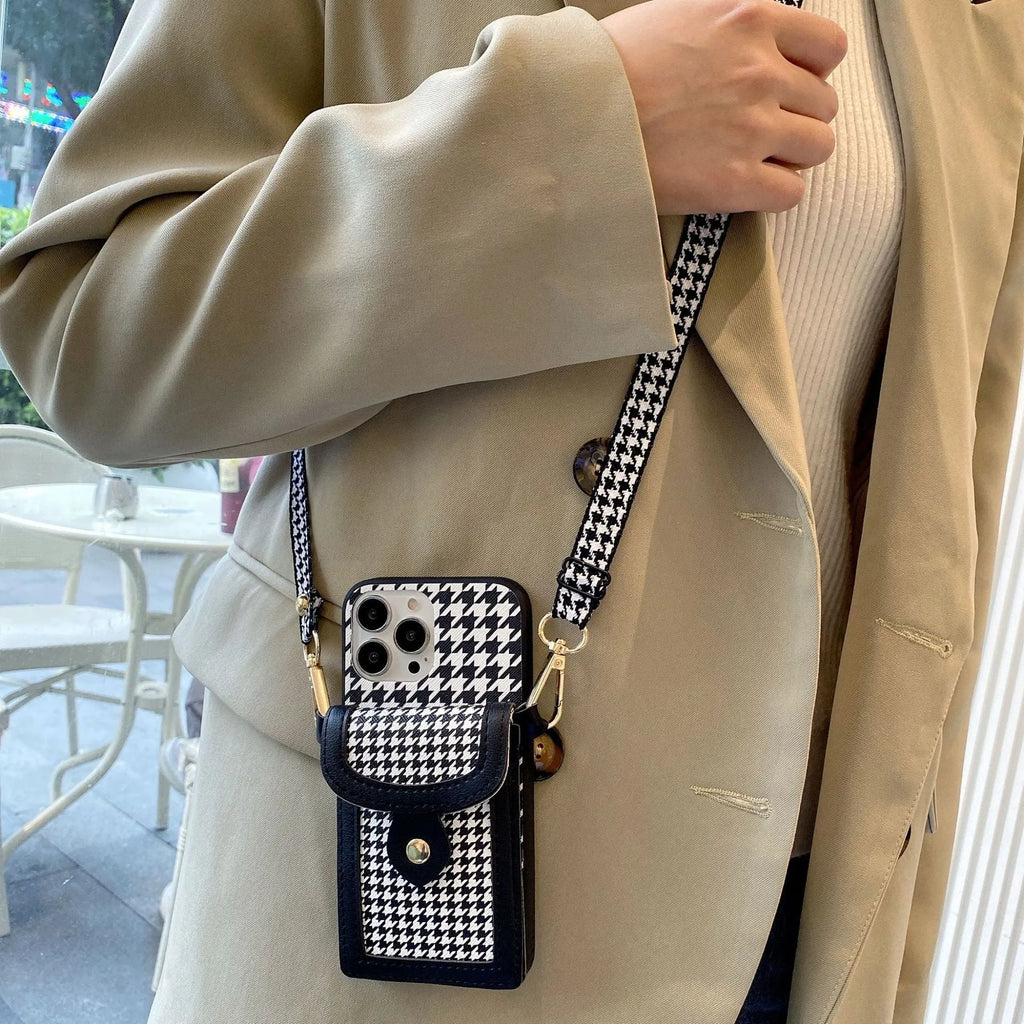 Houndstooth pattern TPU PC phone case with card lanyard for iPhone models
