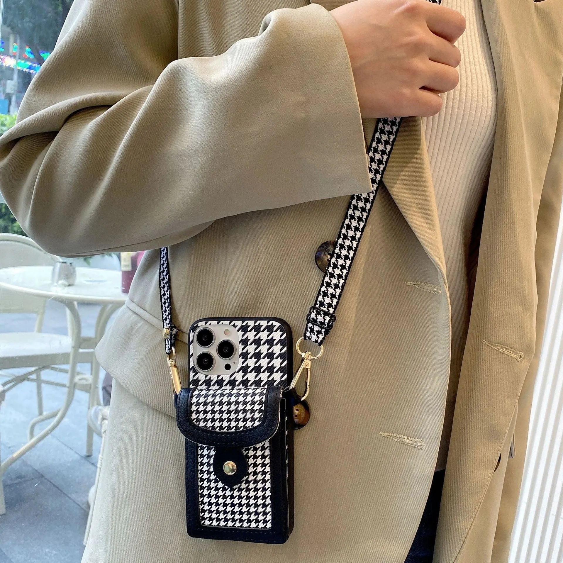 Houndstooth pattern TPU PC phone case with card lanyard for iPhone models