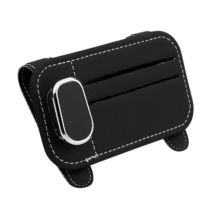 Leather sun louver card holder with glasses clip for car organisation in multiple colour options
