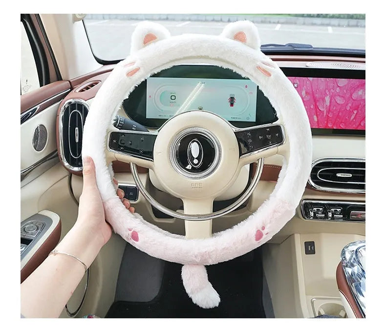 Plush thermal car steering wheel cover with embroidered cartoon panda design, shown fitted on a 38cm wheel.