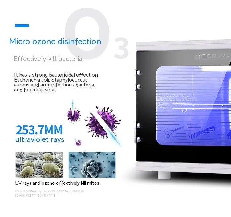 Silver mini UV steriliser cabinet with stainless steel liner for salon tool disinfection.