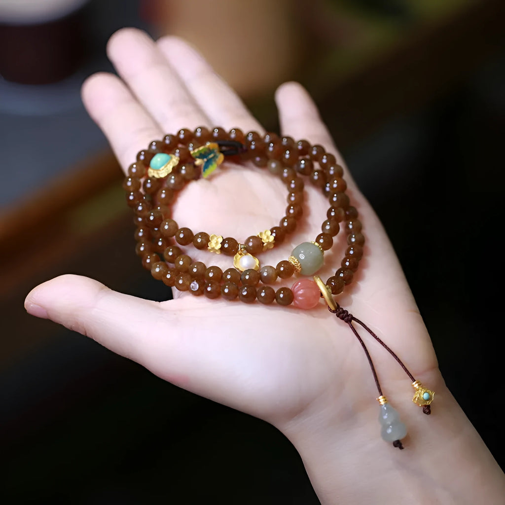 Brown jade Hetian jade three-ring bracelet with geometric design and silver-plated accessories