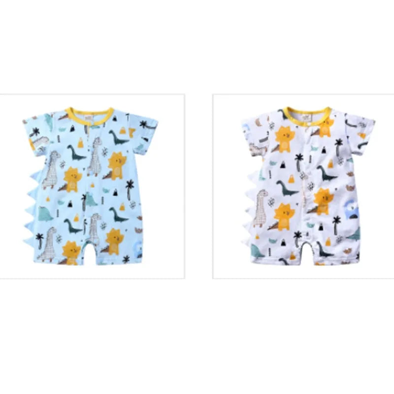 Cartoon dinosaur print short-sleeved cotton baby romper in white and blue, suitable for summer, sizes 66-90 cm