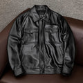 Men's black lapel collar PU leather jacket with patterned detailing and side pockets