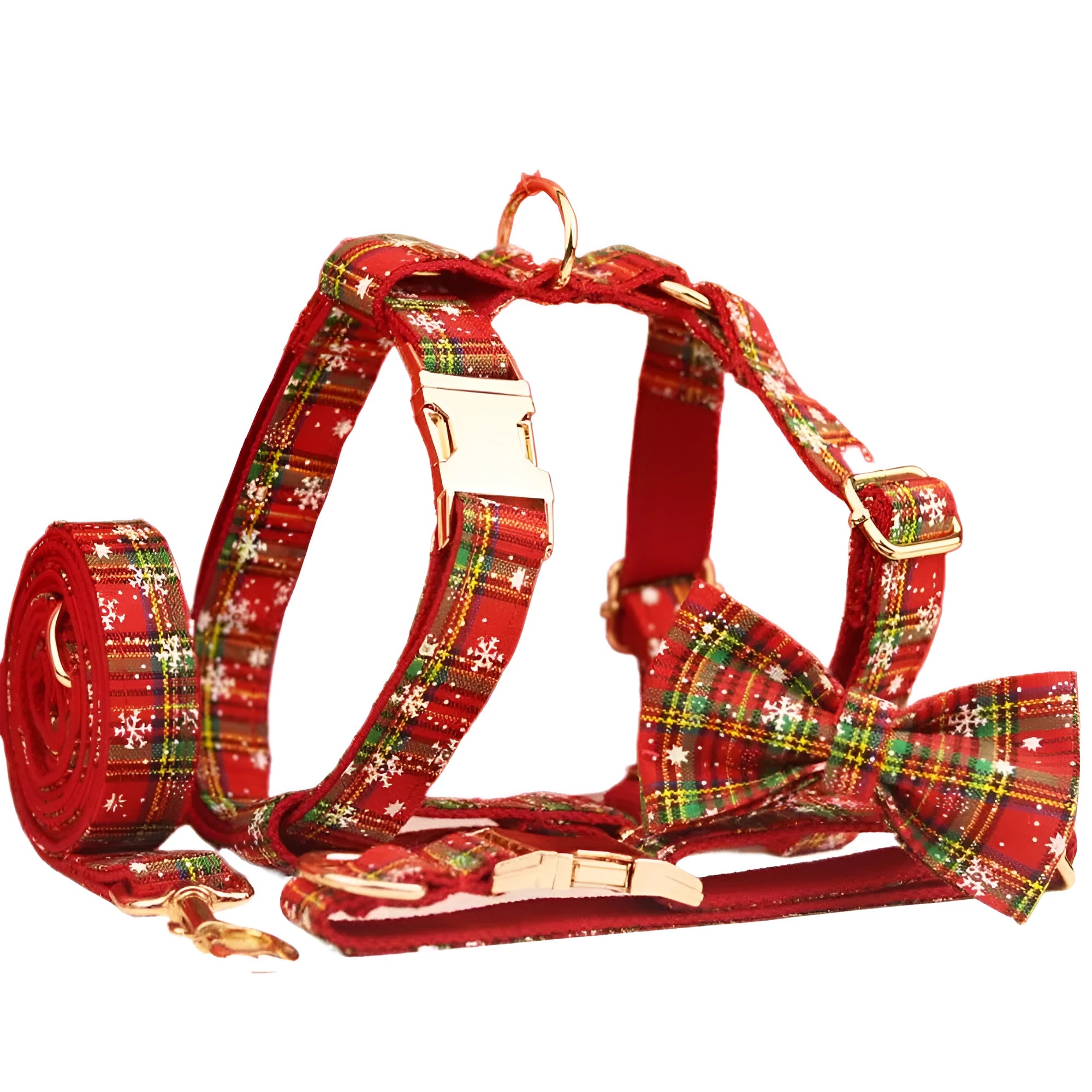 Red snowflake Christmas pet collar with plaid leash, bow, and vest four-piece holiday outfit set for dogs